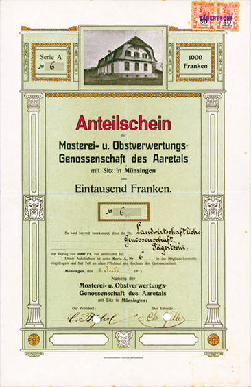 «Mosterei- u. Obstverwertungs-Genossenschaft des Aaretals», Münsingen 1913